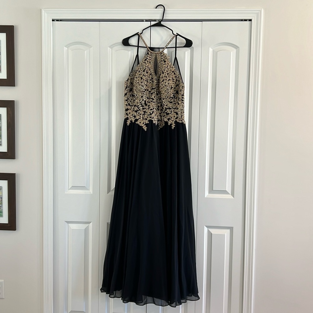 Black and gold prom dress
